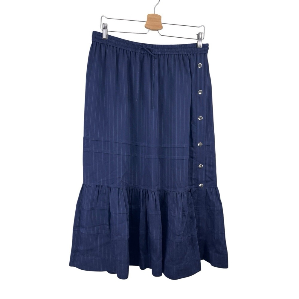 NWT Coach Stripe Tiered Skirt Sz 10 Navy Blue Midi Pinstripe Snap Preppy Coastal
